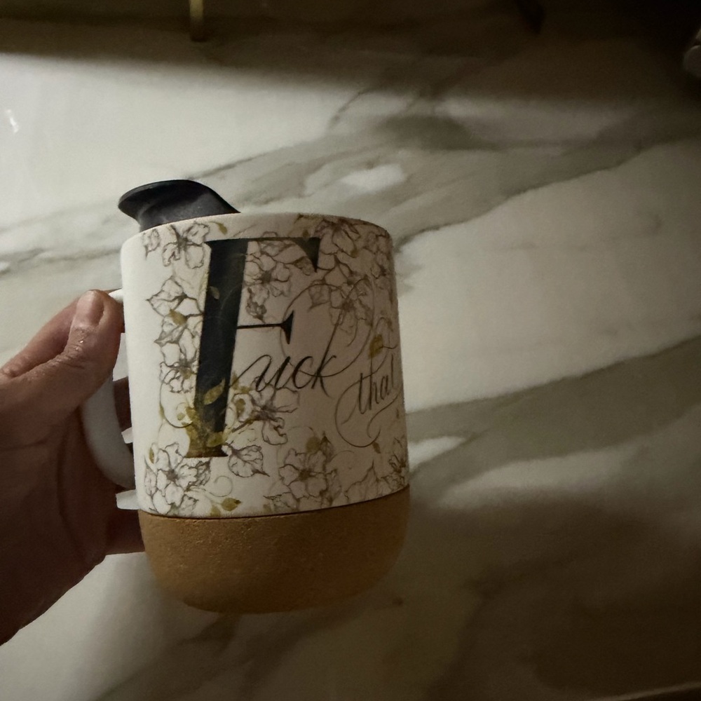 NEW Hand painted Floral Ceramic Travel Mug with Cork Base with cover